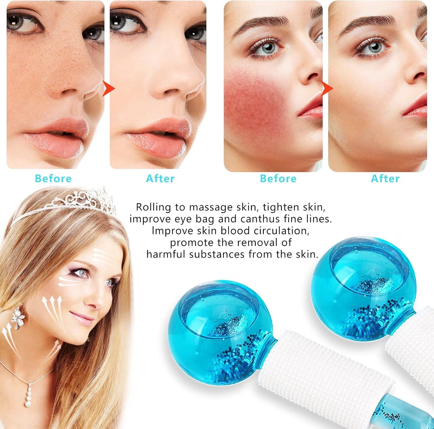 2Pcs Facial Ice Globes, Massaggio Ice Cool Roller Ball, Ice Roller Ball, Massage Ice Ball Skin Care Tool, per Tonificano La Pelle, Riducono Il Gonfiore E Le Occhiaie (Blu)
